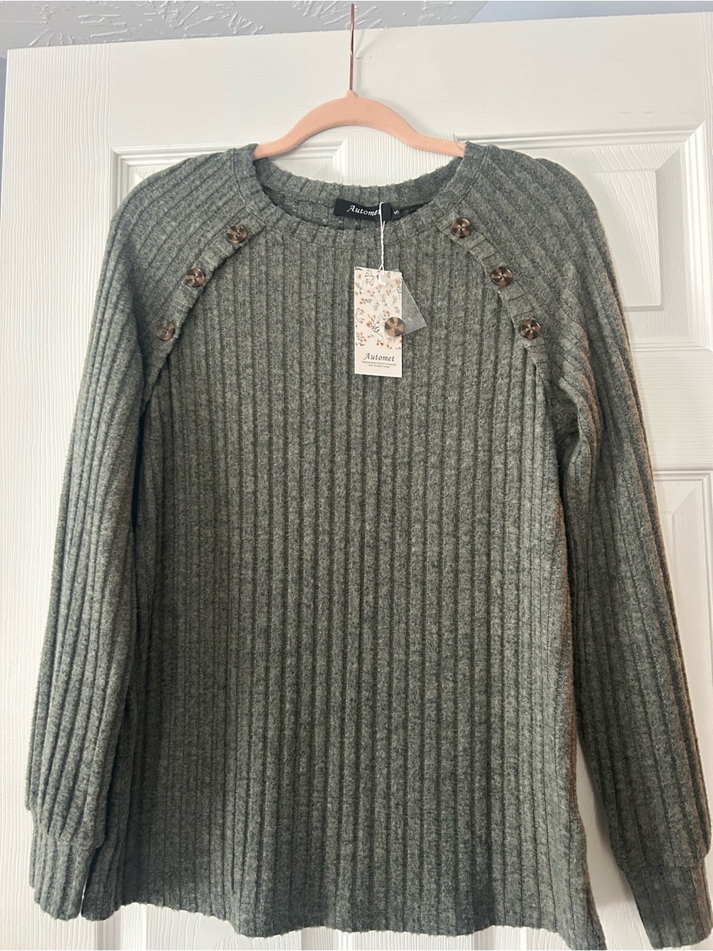 Olive Ribbed Button-Shoulder Sweater